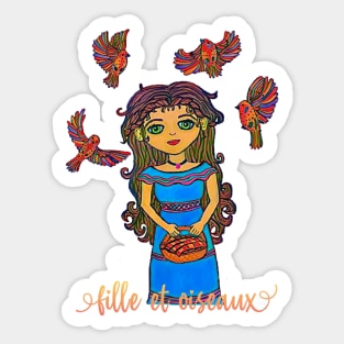 Fille et Oiseaux, Girl and Birds Sticker